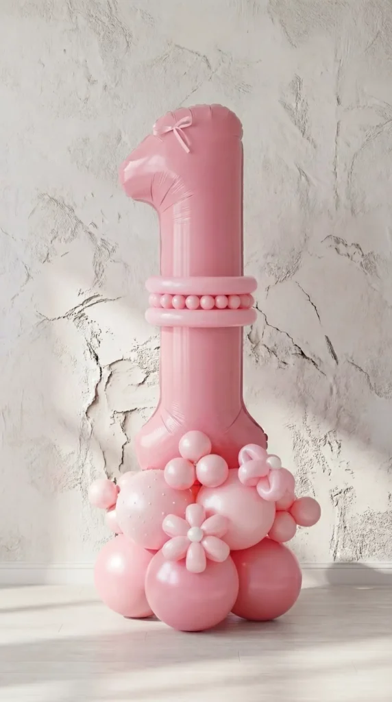 Veliki rozi balon broj 1 na bogatom postolju od balona s cvjetićima, unikatna dekoracija za prvi rođendan djevojčice, dostava balona Joli Spot Zagreb.