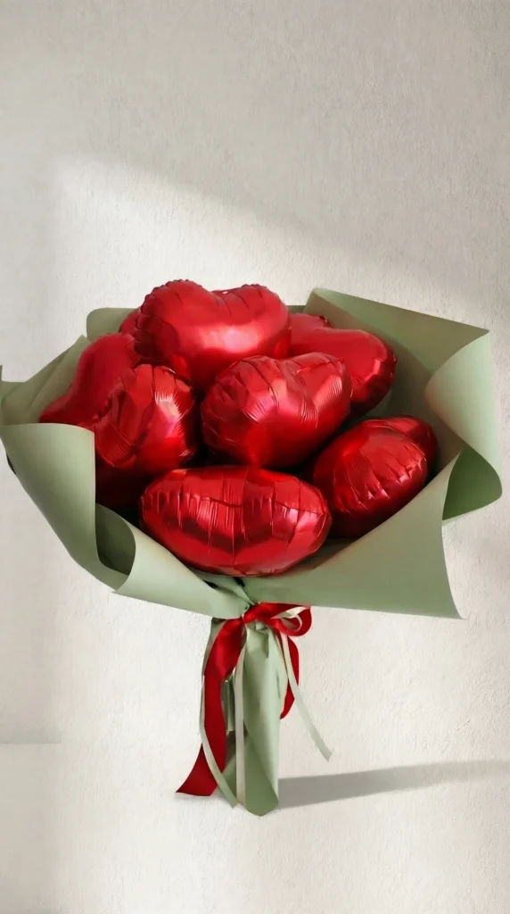 Buket crvenih folijskih srca od balona u ukrasnom papiru, savršen poklon za Valentinovo, godišnjicu ili rođendan, dostava balona Joli Spot Zagreb.