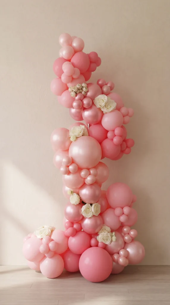 Organski stup od balona u roza i pastelno rozim nijansama s bijelim ružama, luksuzna dekoracija za vjenčanje, krštenje ili baby shower, Joli Spot Zagreb.